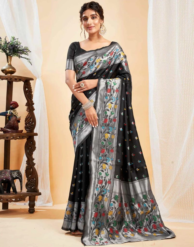 AXONIT Women's Silk Blend Banarasi Jacquard Multicolor Floral