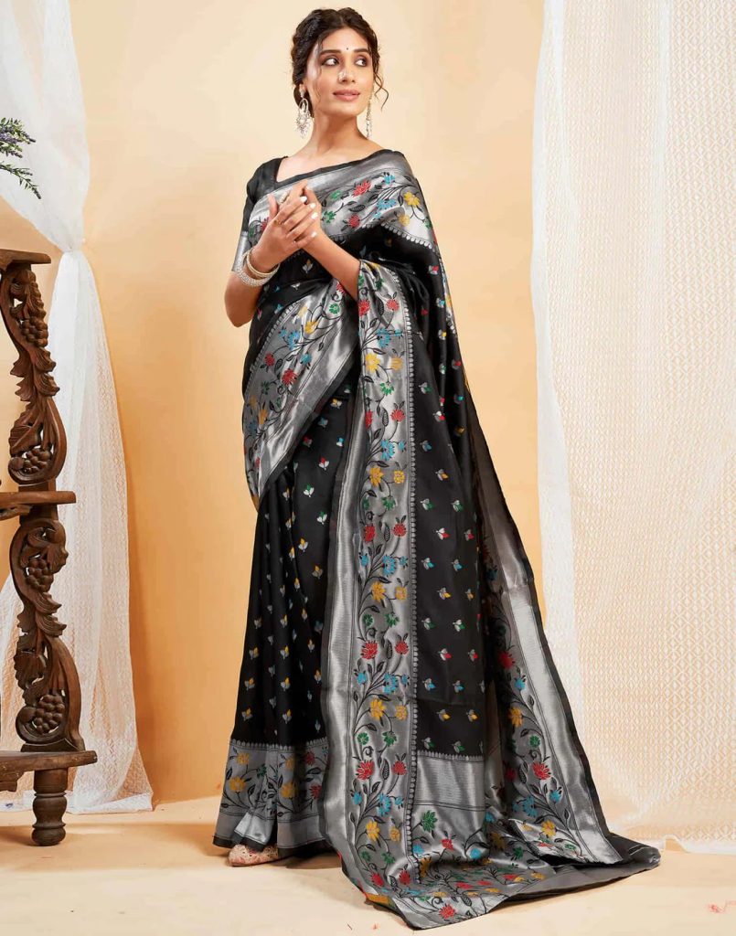 AXONIT Women's Silk Blend Banarasi Jacquard Multicolor Floral