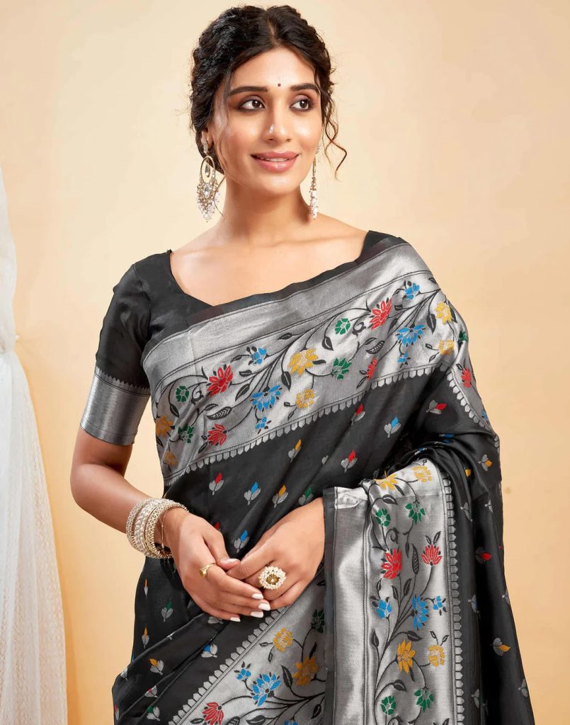 AXONIT Women's Silk Blend Banarasi Jacquard Multicolor Floral