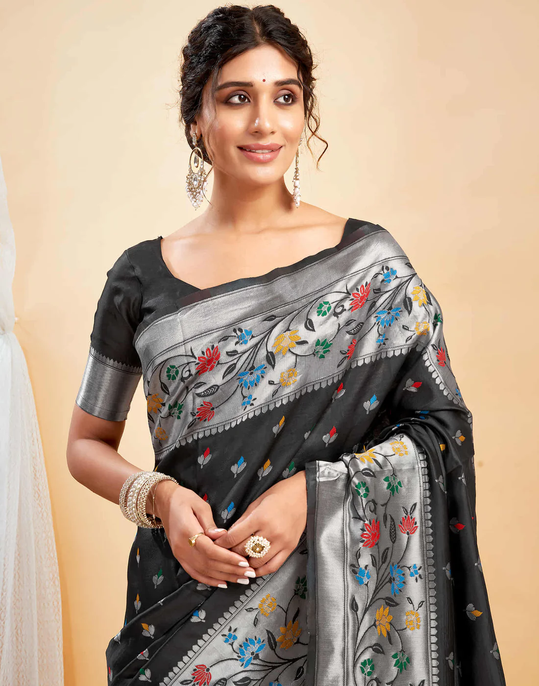 AXONIT Women's Silk Blend Banarasi Jacquard Multicolor Floral