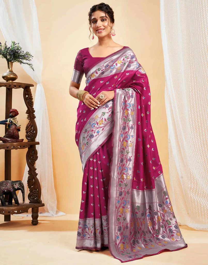 AXONIT Women's Silk Blend Banarasi Jacquard Multicolor Floral
