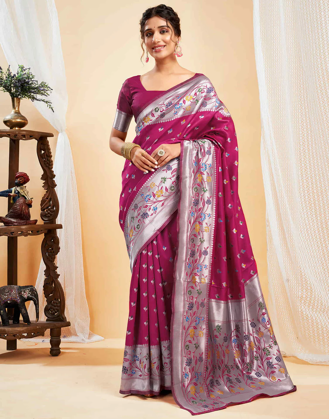 AXONIT Women's Silk Blend Banarasi Jacquard Multicolor Floral