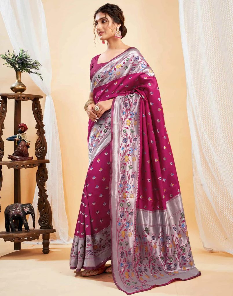 AXONIT Women's Silk Blend Banarasi Jacquard Multicolor Floral
