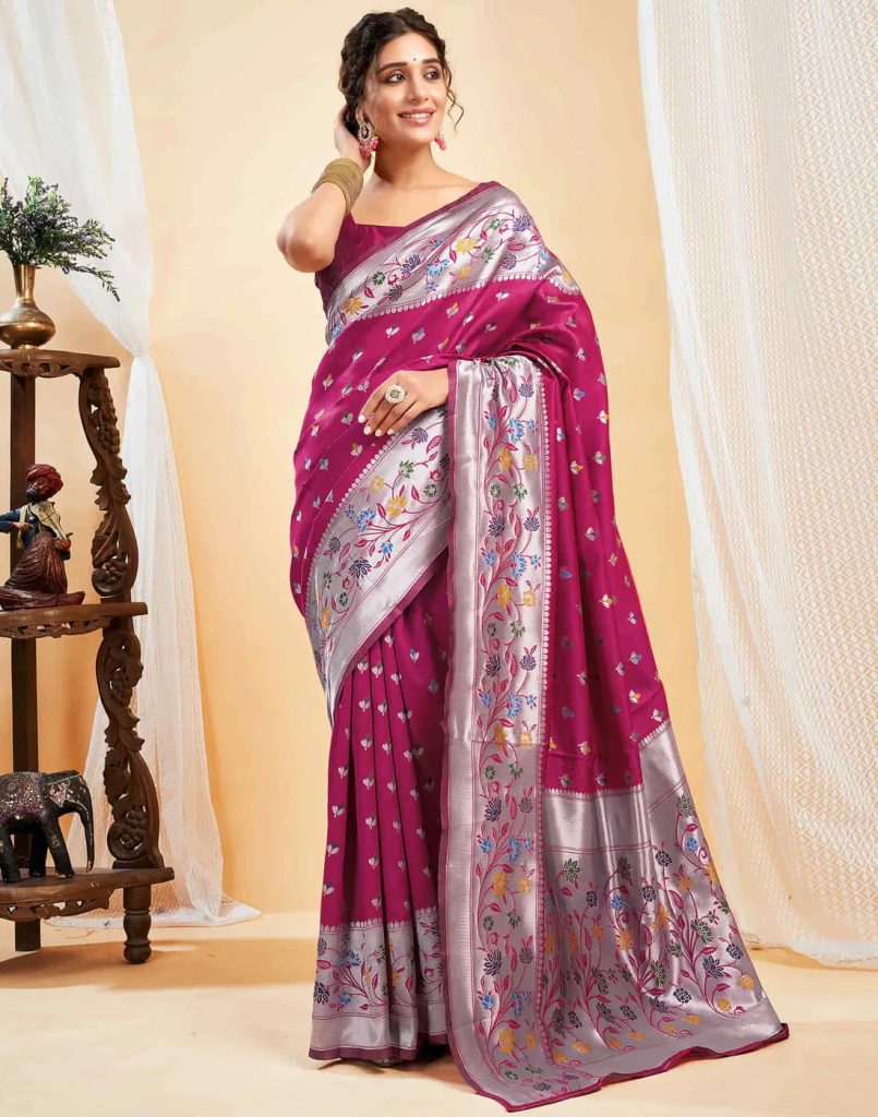 AXONIT Women's Silk Blend Banarasi Jacquard Multicolor Floral