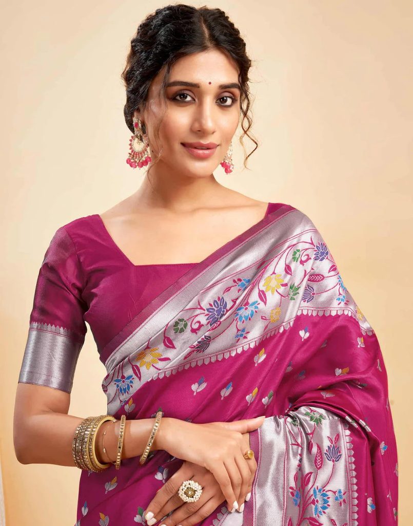 AXONIT Women's Silk Blend Banarasi Jacquard Multicolor Floral