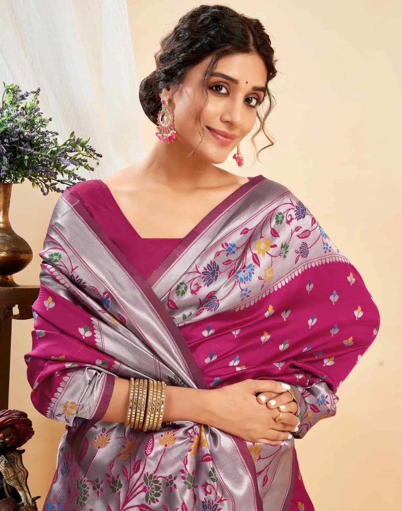 AXONIT Women's Silk Blend Banarasi Jacquard Multicolor Floral