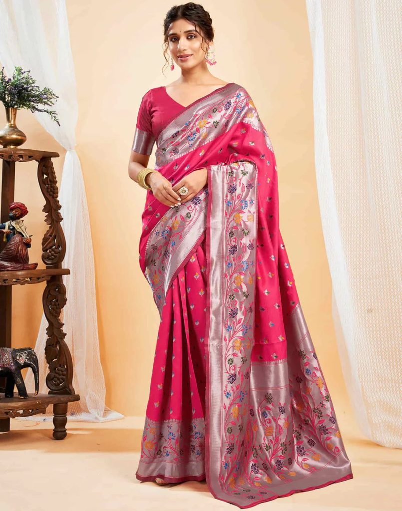 AXONIT Women's Silk Blend Banarasi Jacquard Multicolor Floral