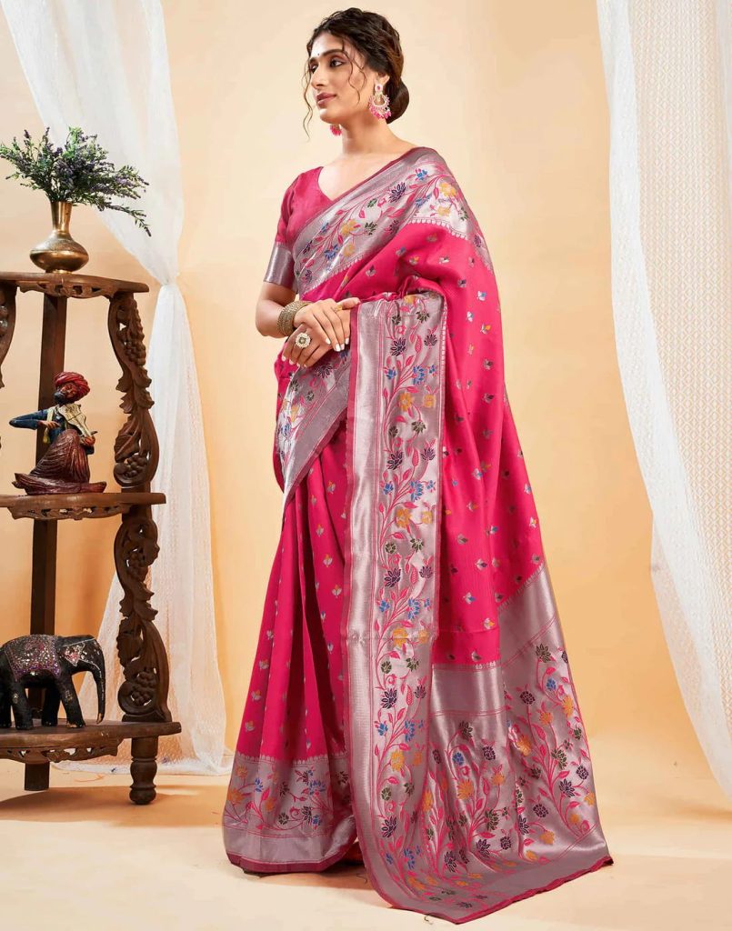 AXONIT Women's Silk Blend Banarasi Jacquard Multicolor Floral