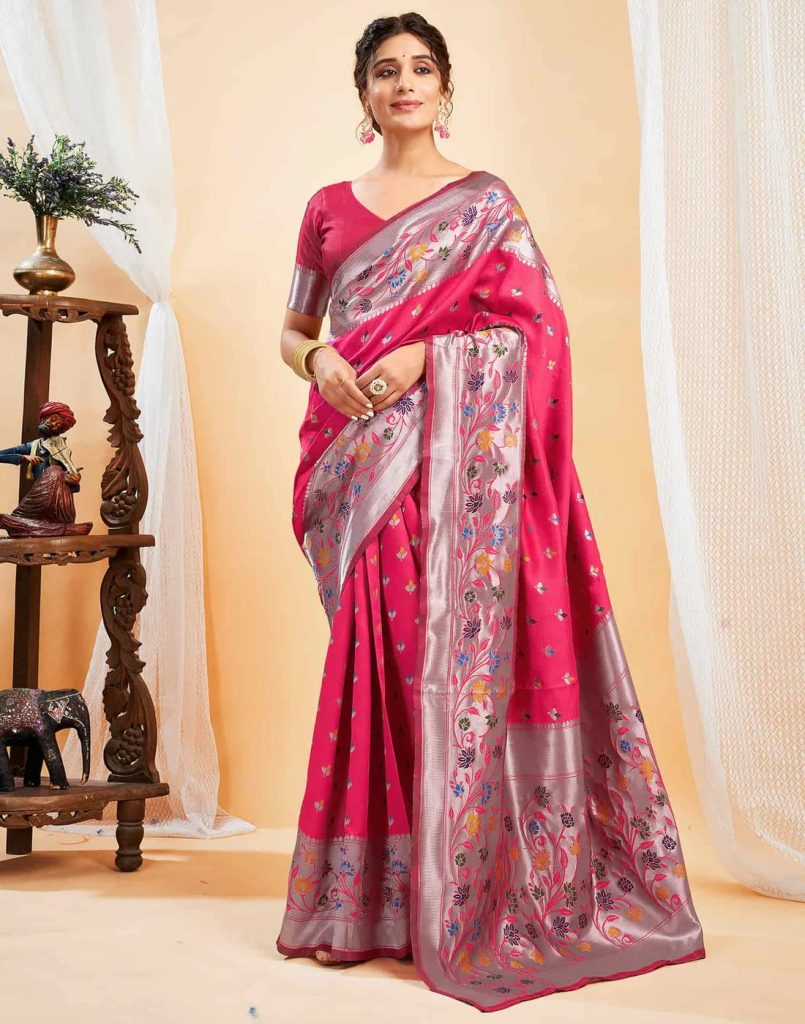 AXONIT Women's Silk Blend Banarasi Jacquard Multicolor Floral