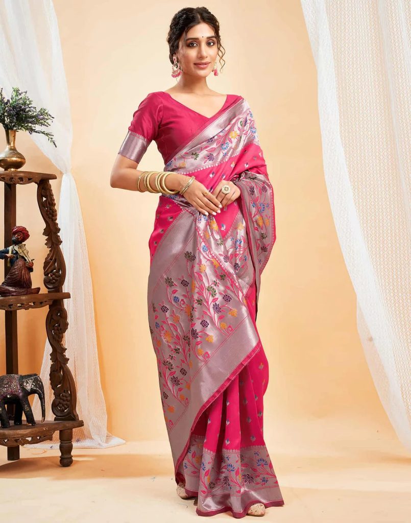 AXONIT Women's Silk Blend Banarasi Jacquard Multicolor Floral