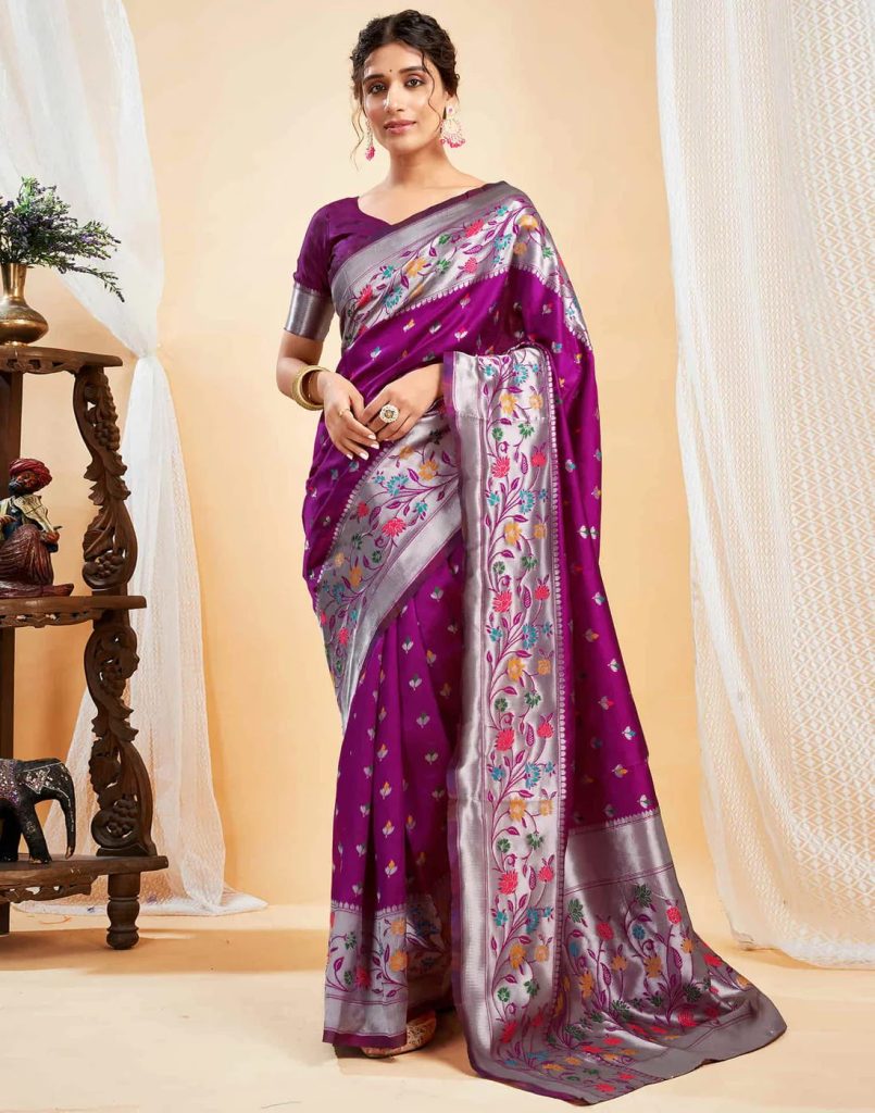 AXONIT Women's Silk Blend Banarasi Jacquard Multicolor Floral