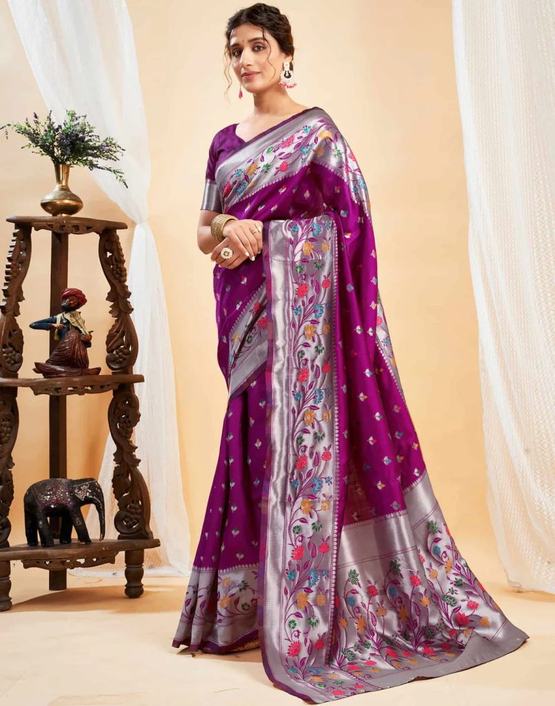 AXONIT Women's Silk Blend Banarasi Jacquard Multicolor Floral
