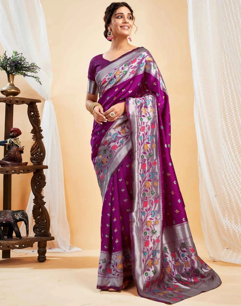 AXONIT Women's Silk Blend Banarasi Jacquard Multicolor Floral