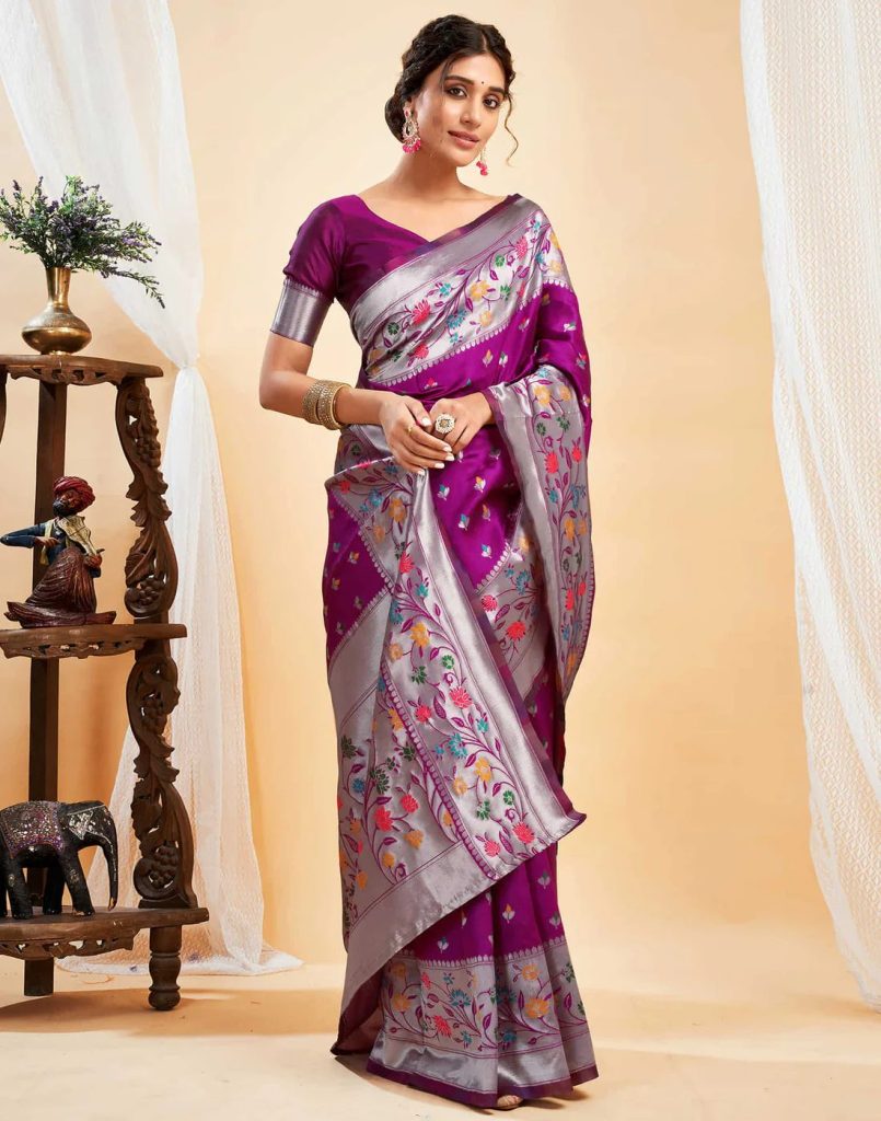 AXONIT Women's Silk Blend Banarasi Jacquard Multicolor Floral