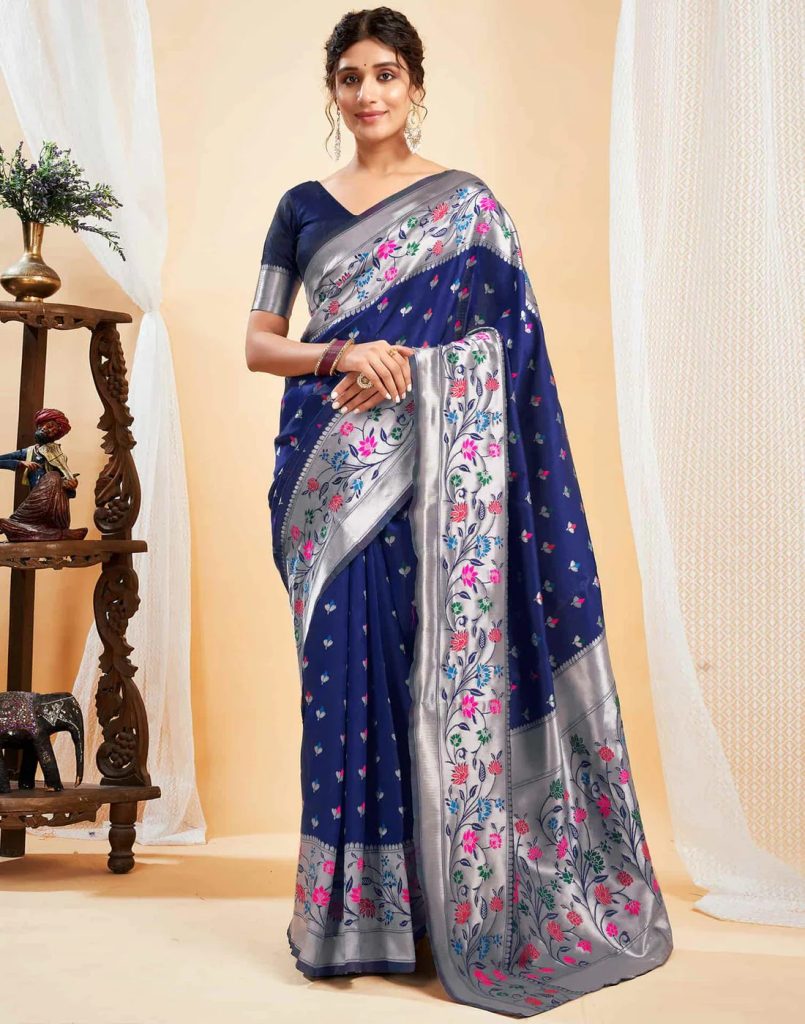 AXONIT Women's Silk Blend Banarasi Jacquard Multicolor Floral