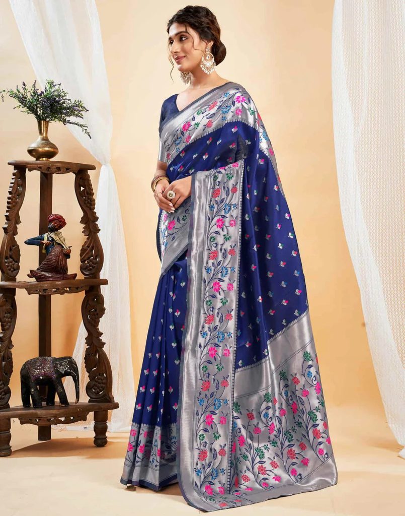 AXONIT Women's Silk Blend Banarasi Jacquard Multicolor Floral