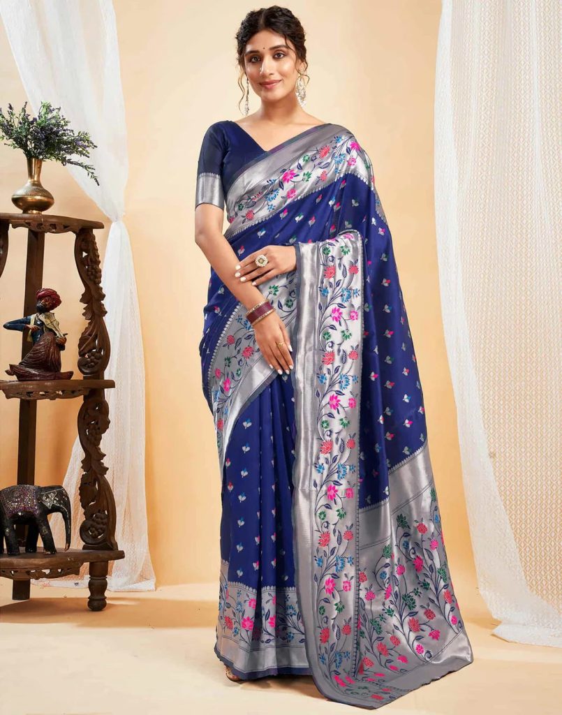 AXONIT Women's Silk Blend Banarasi Jacquard Multicolor Floral