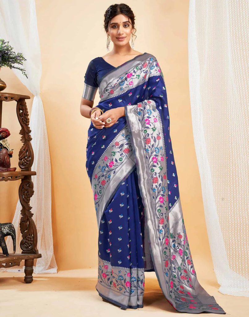 AXONIT Women's Silk Blend Banarasi Jacquard Multicolor Floral