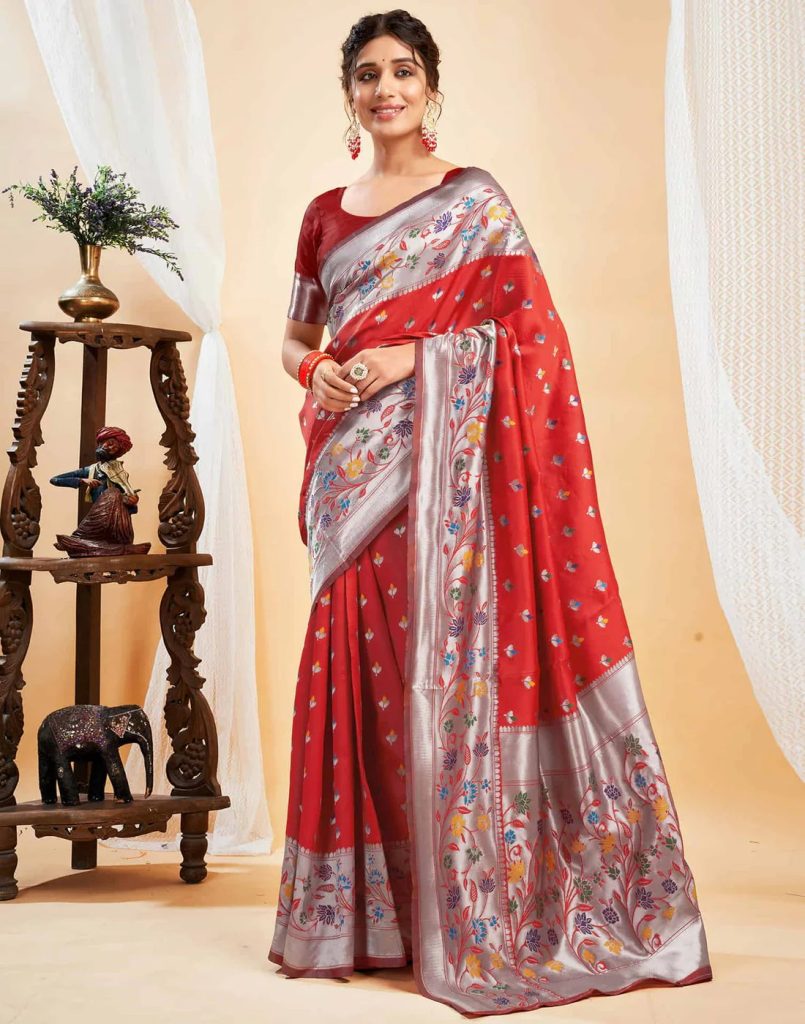AXONIT Women's Silk Blend Banarasi Jacquard Multicolor Floral
