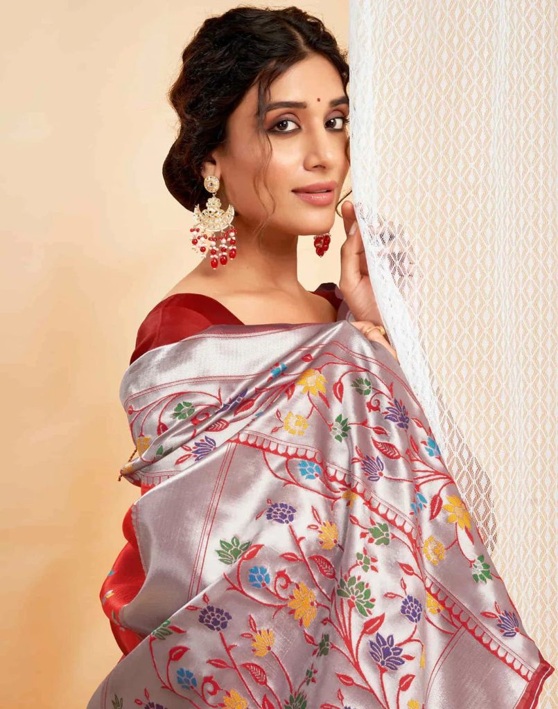 AXONIT Women's Silk Blend Banarasi Jacquard Multicolor Floral