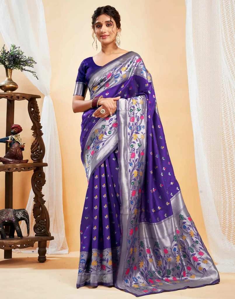 AXONIT Women's Silk Blend Banarasi Jacquard Multicolor Floral