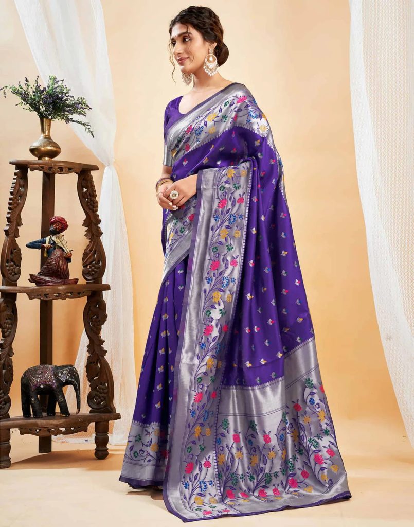 AXONIT Women's Silk Blend Banarasi Jacquard Multicolor Floral