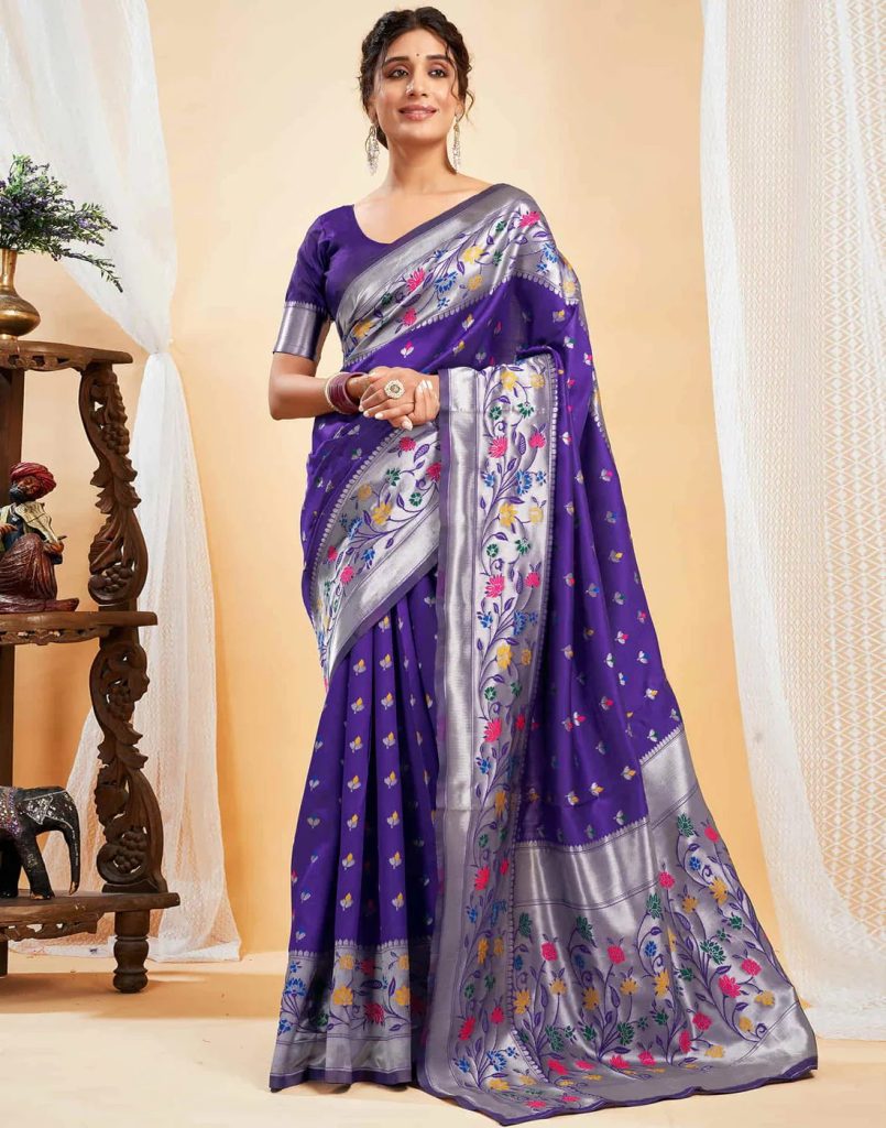 AXONIT Women's Silk Blend Banarasi Jacquard Multicolor Floral