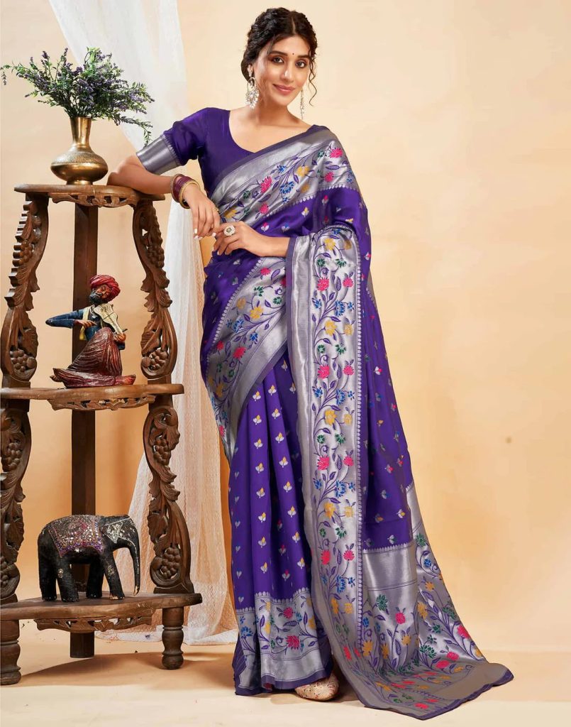 AXONIT Women's Silk Blend Banarasi Jacquard Multicolor Floral