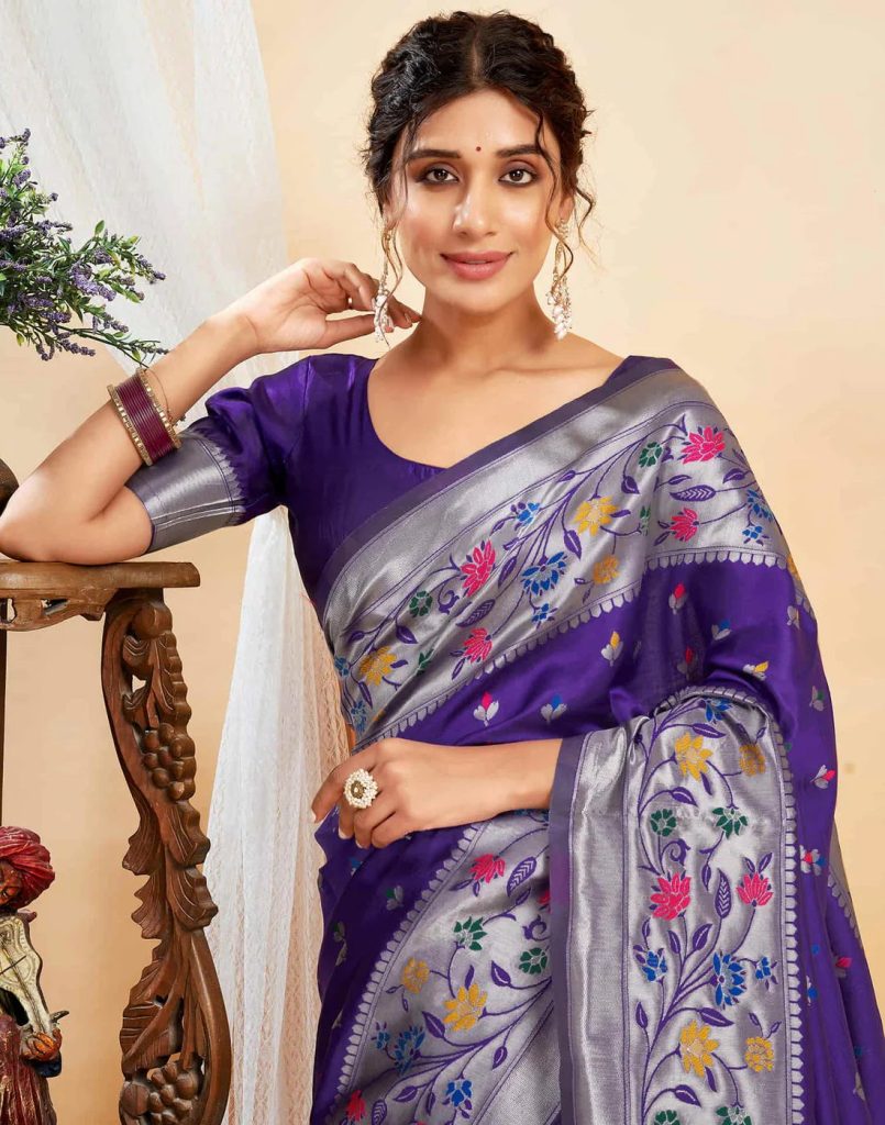 AXONIT Women's Silk Blend Banarasi Jacquard Multicolor Floral