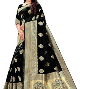 AXONIT Women's Silk Blend Banarasi Jacquard Zari Butta with Brocade Pallu Design Saree with Unstitched Blouse Piece