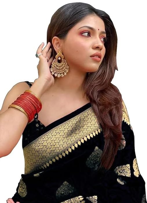 AXONIT Women's Silk Blend Banarasi Jacquard Zari Butta with Brocade Pallu Design Saree with Unstitched Blouse Piece