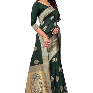 AXONIT Women's Silk Blend Banarasi Jacquard Zari Butta with Brocade Pallu Design Saree with Unstitched Blouse Piece
