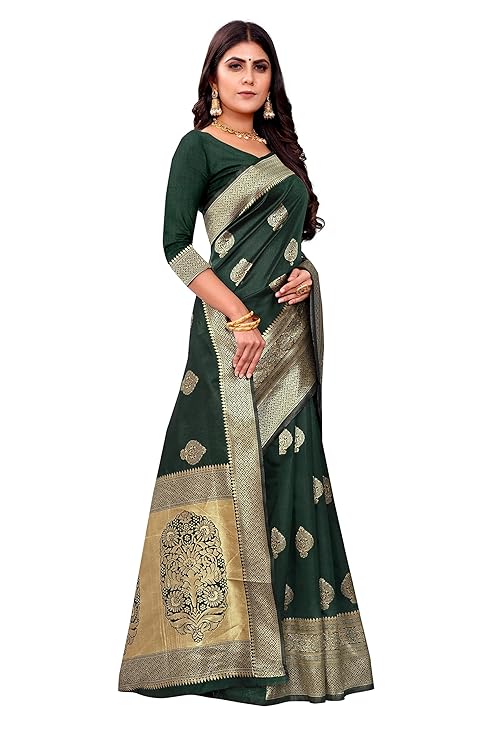AXONIT Women's Silk Blend Banarasi Jacquard Zari Butta with Brocade Pallu Design Saree with Unstitched Blouse Piece