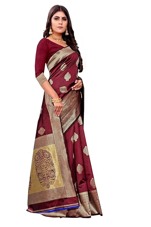 AXONIT Women's Silk Blend Banarasi Jacquard Zari Butta with Brocade Pallu Design Saree with Unstitched Blouse Piece