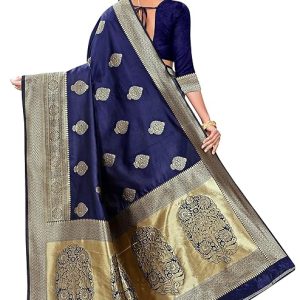 AXONIT Women's Silk Blend Banarasi Jacquard Zari Butta with Brocade Pallu Design Saree with Unstitched Blouse Piece