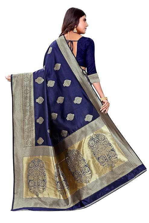 AXONIT Women's Silk Blend Banarasi Jacquard Zari Butta with Brocade Pallu Design Saree with Unstitched Blouse Piece