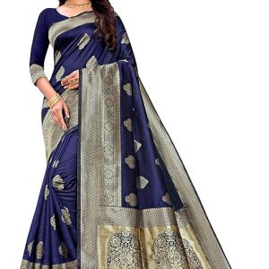 AXONIT Women's Silk Blend Banarasi Jacquard Zari Butta with Brocade Pallu Design Saree with Unstitched Blouse Piece