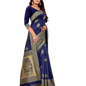 AXONIT Women's Silk Blend Banarasi Jacquard Zari Butta with Brocade Pallu Design Saree with Unstitched Blouse Piece