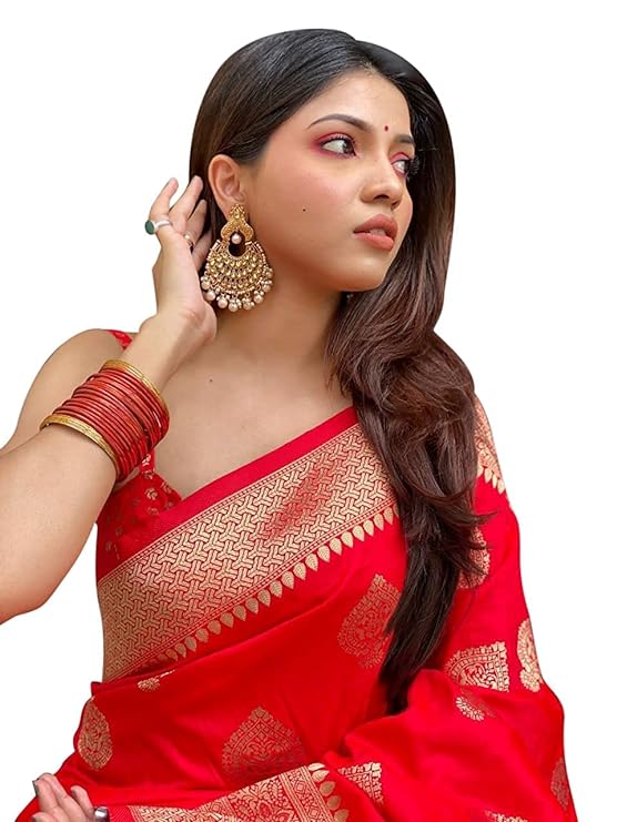 AXONIT Women's Silk Blend Banarasi Jacquard Zari Butta with Brocade Pallu Design Saree with Unstitched Blouse Piece