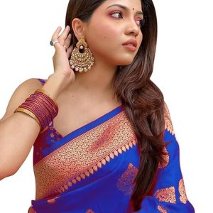 AXONIT Women's Silk Blend Banarasi Jacquard Zari Butta with Brocade Pallu Design Saree with Unstitched Blouse Piece
