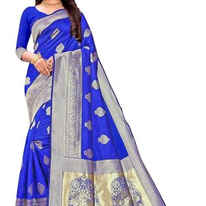 AXONIT Women's Silk Blend Banarasi Jacquard Zari Butta with Brocade Pallu Design Saree with Unstitched Blouse Piece