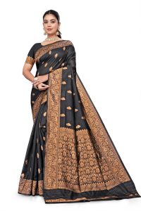 AXONIT Women's Silk Blend Banarasi Jacquard Leaf Motifs Design Saree with Unstitched Blouse Piece - Black