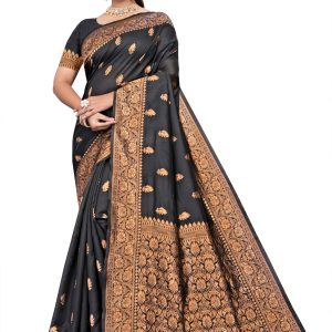 AXONIT Women's Silk Blend Banarasi Jacquard Leaf Motifs Design Saree with Unstitched Blouse Piece - Black