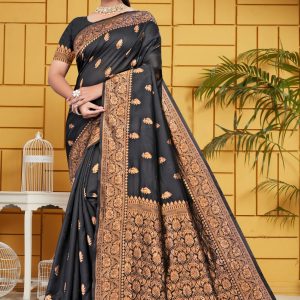 AXONIT Women's Silk Blend Banarasi Jacquard Leaf Motifs Design Saree with Unstitched Blouse Piece - Black
