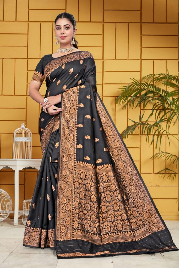AXONIT Women's Silk Blend Banarasi Jacquard Leaf Motifs Design Saree with Unstitched Blouse Piece - Black