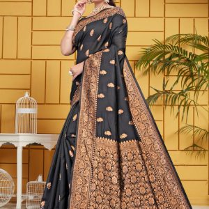 AXONIT Women's Silk Blend Banarasi Jacquard Leaf Motifs Design Saree with Unstitched Blouse Piece - Black