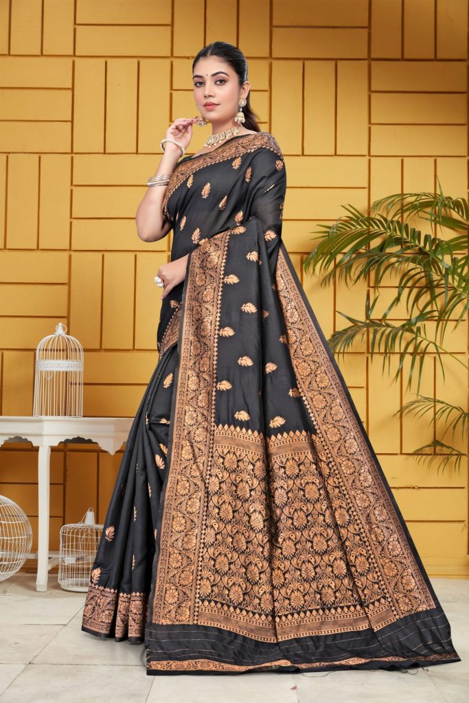 AXONIT Women's Silk Blend Banarasi Jacquard Leaf Motifs Design Saree with Unstitched Blouse Piece - Black