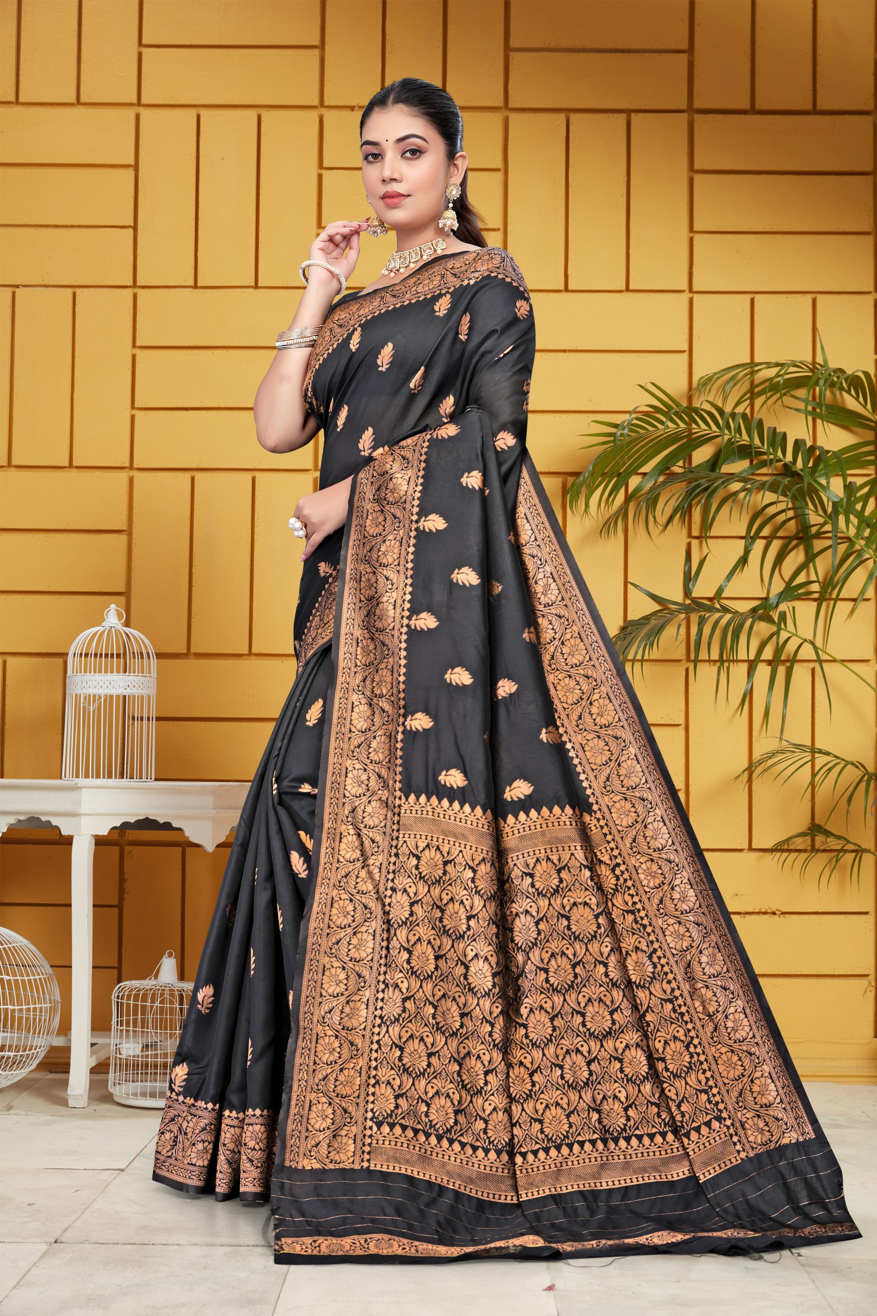 AXONIT Women's Silk Blend Banarasi Jacquard Leaf Motifs Design Saree with Unstitched Blouse Piece - Black