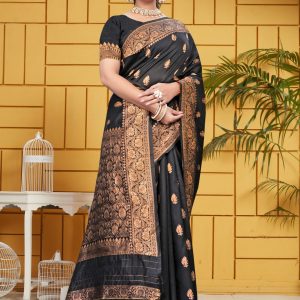 AXONIT Women's Silk Blend Banarasi Jacquard Leaf Motifs Design Saree with Unstitched Blouse Piece - Black