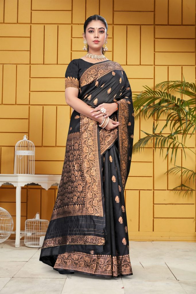 AXONIT Women's Silk Blend Banarasi Jacquard Leaf Motifs Design Saree with Unstitched Blouse Piece - Black